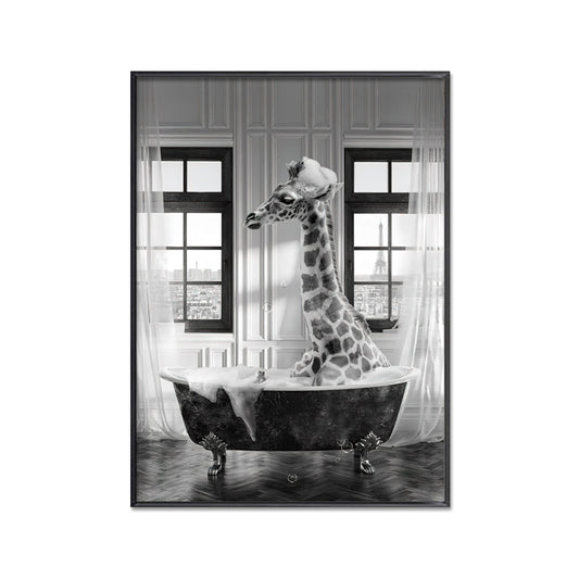 Giraffe 2 Bath Time Canvas Print with Black Frame 50 x 70