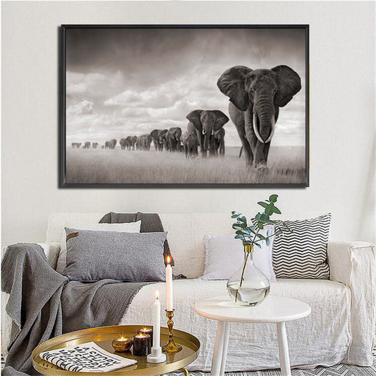 Elephant Herd Canvas Print with Black Frame 90 x 70