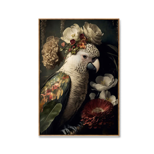 Antique Parrot Brushed Canvas Brush Print with Natural Frame 60 x 90