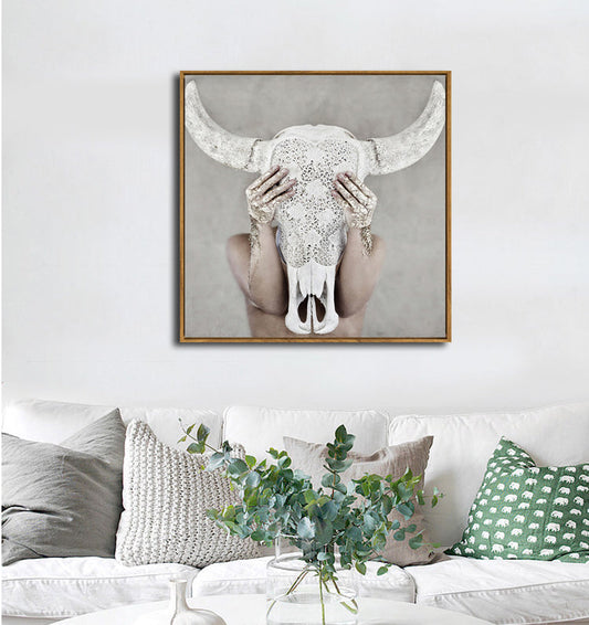 Boho Lace Skull Canvas Print with Natural Frame 80 x 80