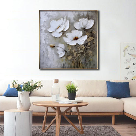 White Florals - Brushed Canvas Brushed Print with Light Natural Frame 80 x 80
