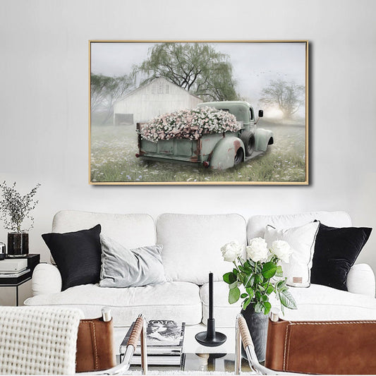 Floral Vintage Truck - Brushed Canvas Brushed Print with Light Natural Frame 60 x 90