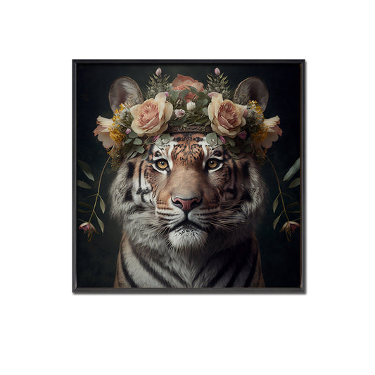 Floral Tiger - Brushed Canvas Brushed Print with Black Frame 70 x 70