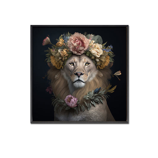 Floral Lion - Brushed Canvas Brushed Print with Black Frame 70 x 70