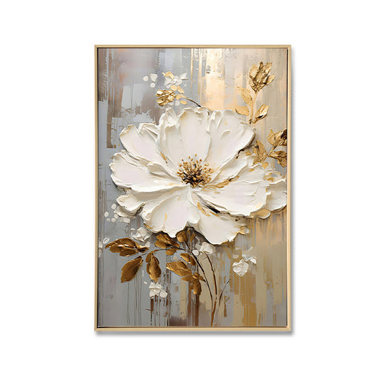 White & Gold Flower A - Brushed Canvas Brushed Print with Light Natural Frame 60 x 90