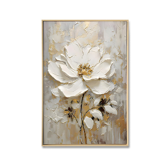 White & Gold Flower B - Brushed Canvas Brushed Print with Light Natural Frame 60 x 90