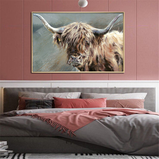 Highlander Cow - Brushed Canvas Brush Print with Light Natural Frame 60 x 90