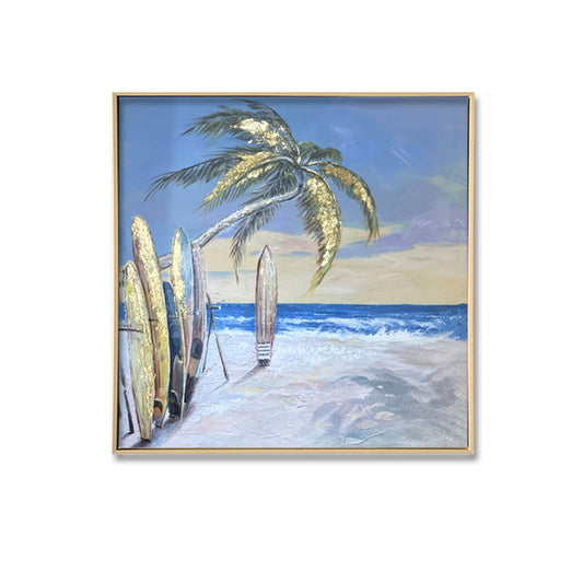 Palm Tree Surfboards - Brushed Canvas Brush Print with Light Natural Frame 70 x 70