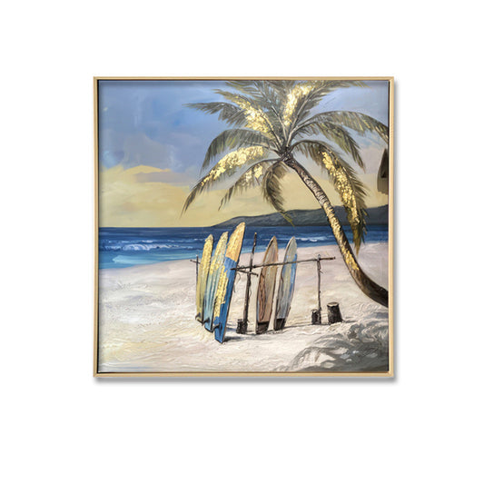 Leaning Surfboards - Brushed Canvas Brush Print with Light Natural Frame 70 x 70
