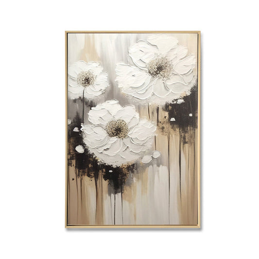 Three White Flowers - Brushed Canvas Brush Print with Light Natural Frame 50 x 70