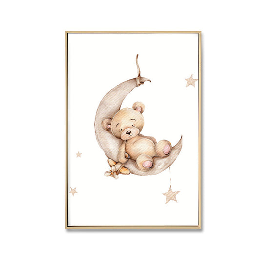 Baby Bear on Moon Canvas Print with Light Natural Frame 40 x 50cm