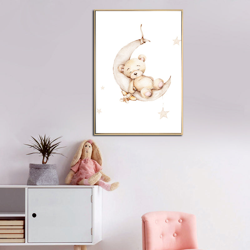 Baby Bear on Moon Canvas Print with Light Natural Frame 40 x 50cm