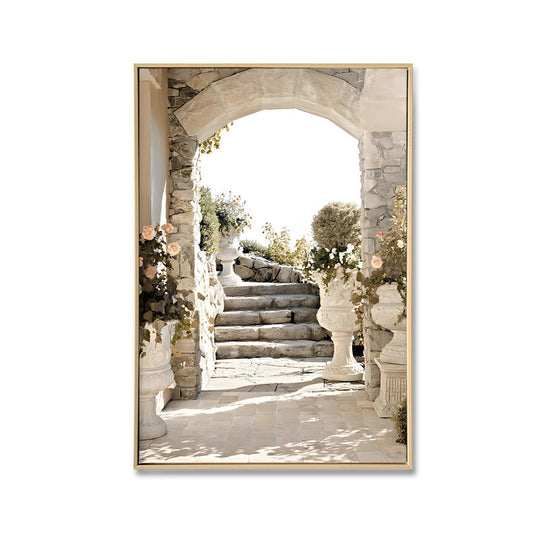 Tuscan Urns under Arch Brushed Canvas Brushed Print with Light Natural Frame 60 x 90