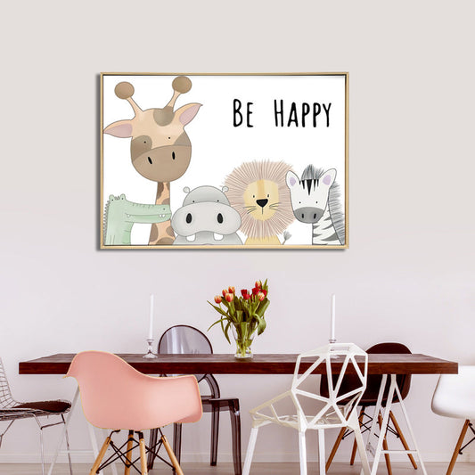 Be Happy Animals Canvas Print with Light Natural Frame 70 x 50