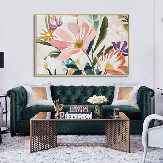 Blush Floral - Brushed Canvas Brushed Print with Light Natural Frame 120 x 80