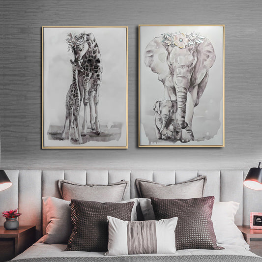 Brushed Giraffe & Elephant Canvas Brush Print with Light Natural Frame 50 x 70