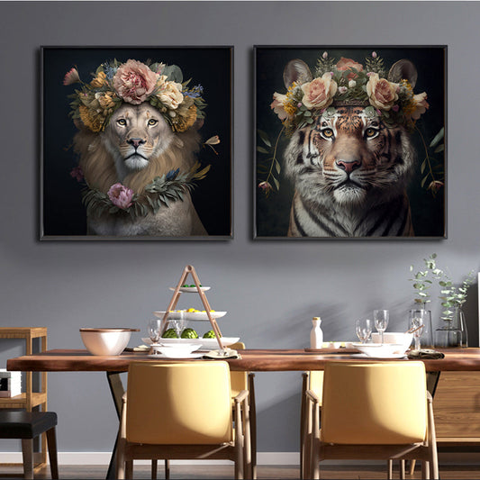 Floral Lion & Tiger Canvas Brushed Print with Black Frame 70 x 70