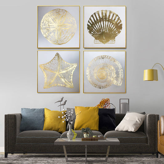 Gold Seashell Canvas Print Set with Gold Foil with Light Gold Frame 70 x 70