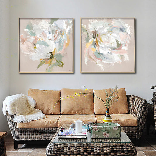 Pastel Flower Canvas Brushed Print with Light Natural Frame 70 x 70