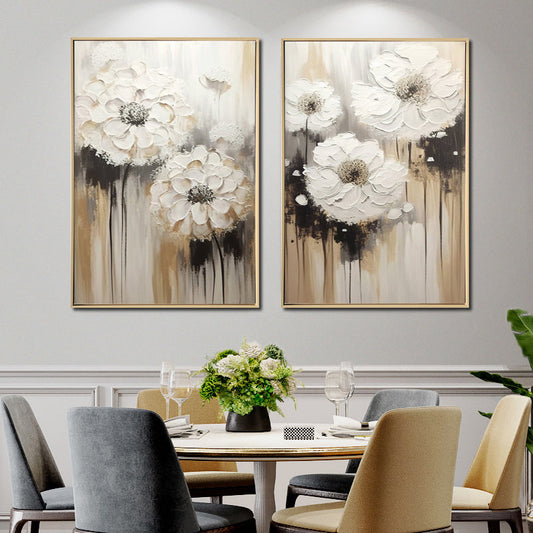 White Flowers Canvas Brush Print with Light Natural Frame 50 x 70