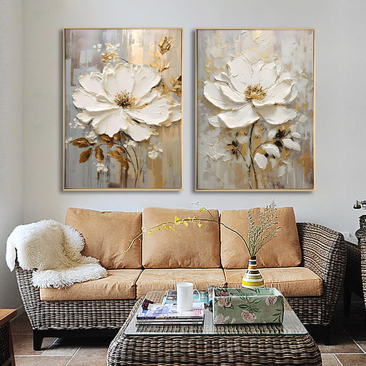 White & Gold Flower Canvas Brushed Print with Light Natural Frame 60 x 90