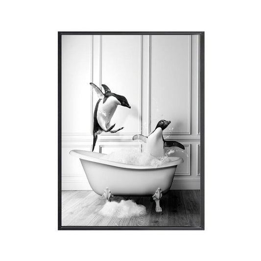 Penguin Bath Time Framed Canvas Print 50x70