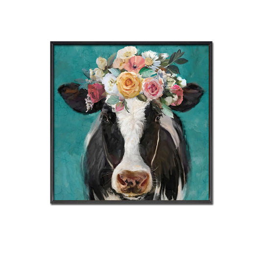 Floral Daisy Cow Framed Canvas Print 100x100