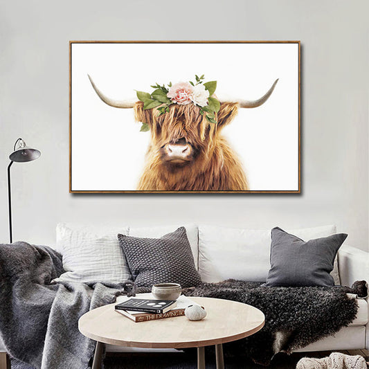 Highland Bull Flower Garland Framed Canvas Print 100x80