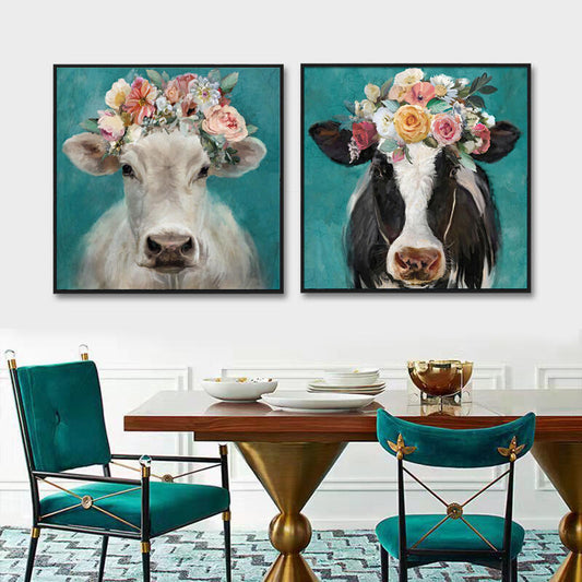 Floral Family Cow Framed Canvas Print 100x100