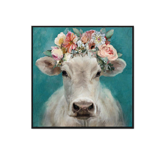 Floral Rose Cow Framed Canvas Print 100x100
